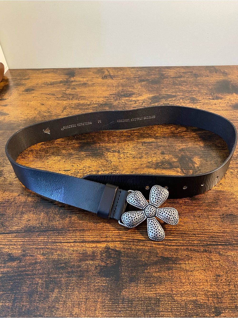 Silpada Black Leather Belt with Silver Flower Buckle
